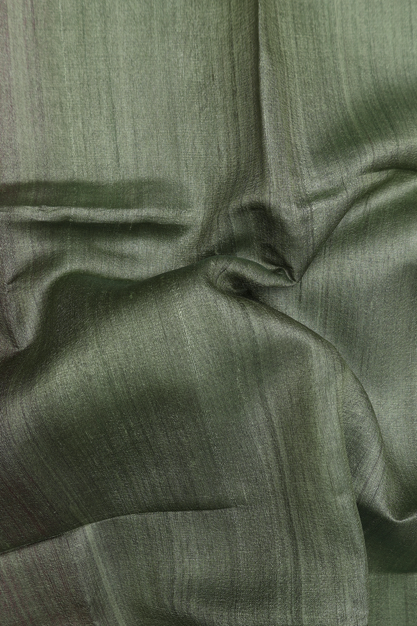 Tussar Silk Saree In Olive Green With Zari Border