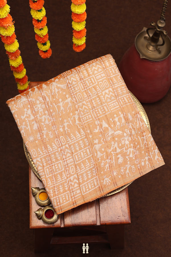 Tussar Silk Saree In Orange With Leaf Design