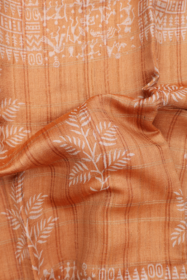 Tussar Silk Saree In Orange With Leaf Design