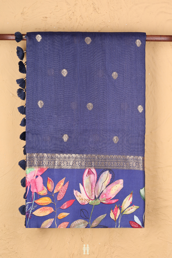 Tussar Silk Saree In Oxford Blue With Zari Buttas