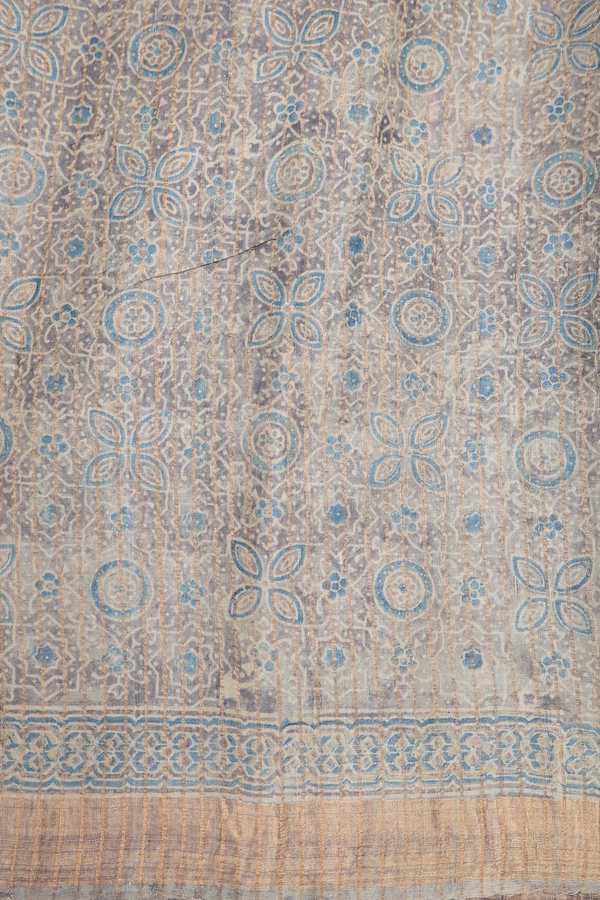 Tussar Silk Saree In Oxford Brown With Ajrakh Design