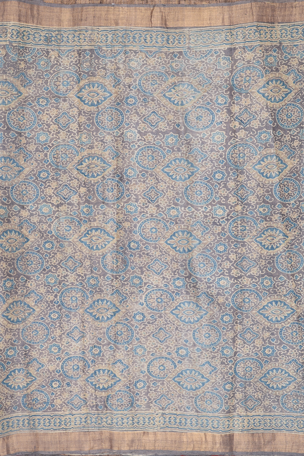 Tussar Silk Saree In Oxford Brown With Ajrakh Design