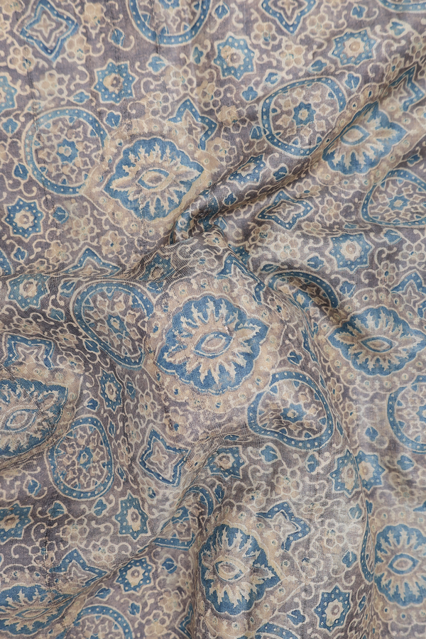 Tussar Silk Saree In Oxford Brown With Ajrakh Design