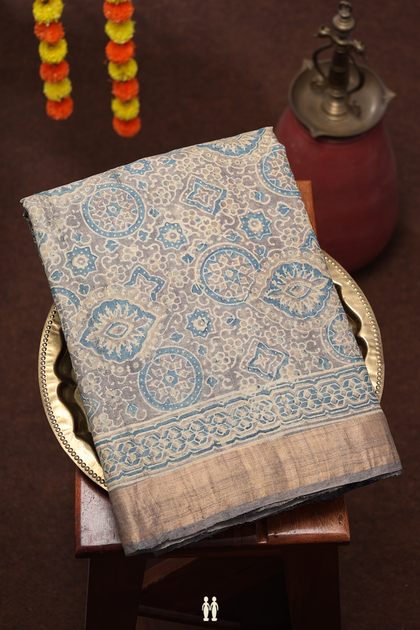 Tussar Silk Saree In Oxford Brown With Ajrakh Design