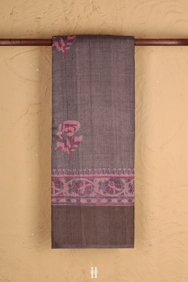Tussar Silk Saree In Oxford Brown With Floral Design