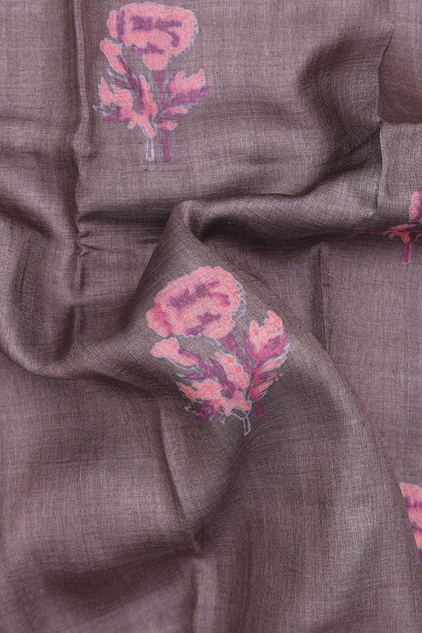 Tussar Silk Saree In Oxford Brown With Floral Design