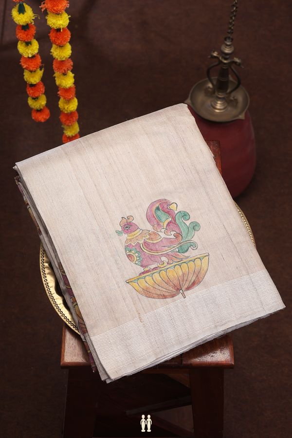 Tussar Silk Saree In Pastel Brown With Hand Painted Design