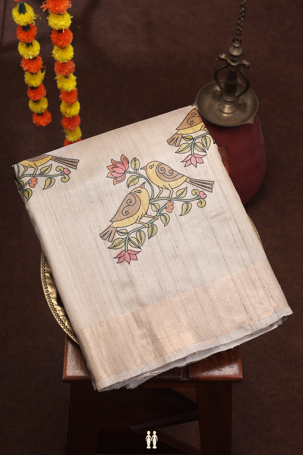 Tussar Silk Saree In Pastel Brown With Hand Painted Design