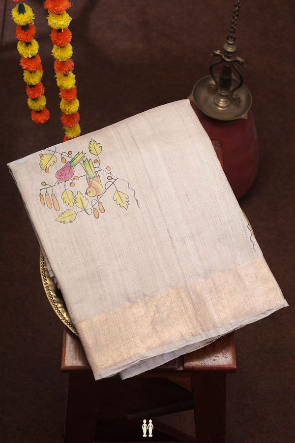 Tussar Silk Saree In Pastel Brown With Hand Painted Design
