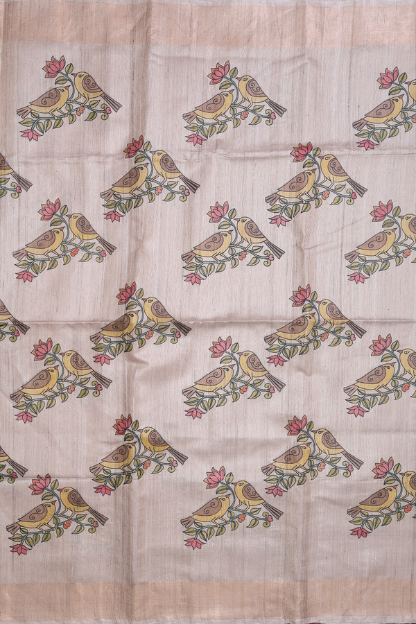 Tussar Silk Saree In Pastel Brown With Hand Painted Design
