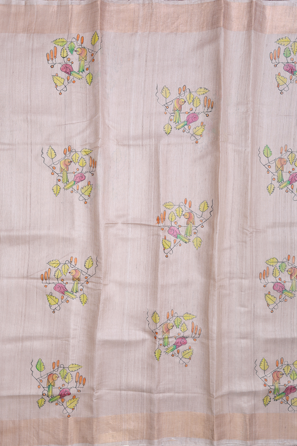 Tussar Silk Saree In Pastel Brown With Hand Painted Design