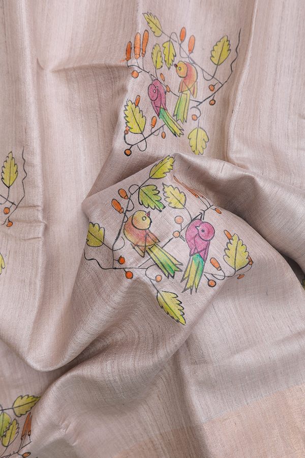 Tussar Silk Saree In Pastel Brown With Hand Painted Design