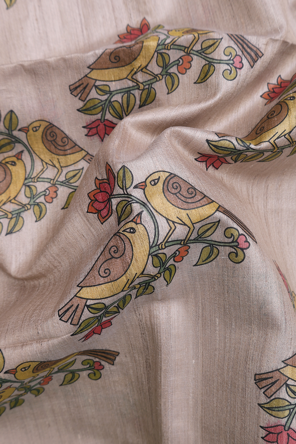 Tussar Silk Saree In Pastel Brown With Hand Painted Design