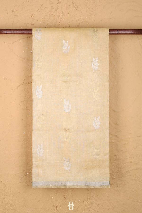 Tussar Silk Saree In Pastel Yellow With Leaf Buttas