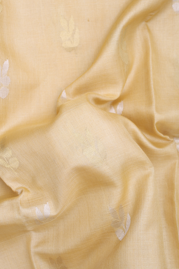 Tussar Silk Saree In Pastel Yellow With Leaf Buttas