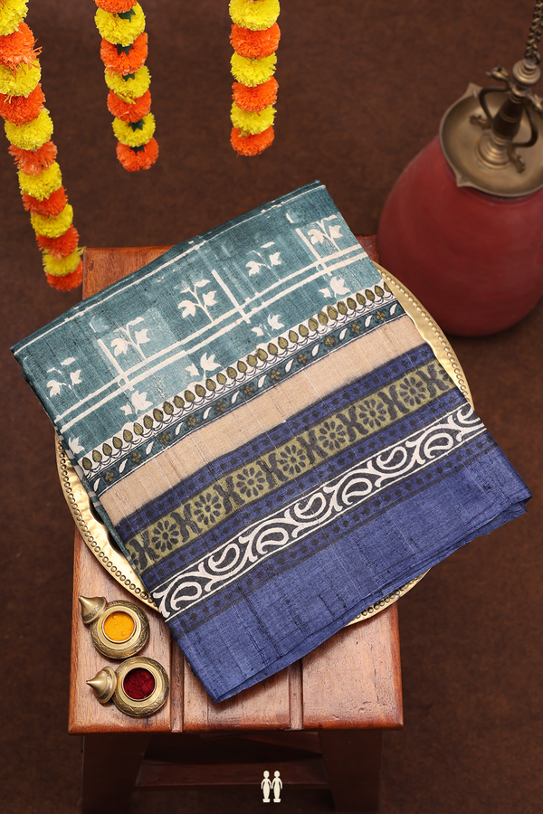 Tussar Silk Saree In Pine Green With Printed Design