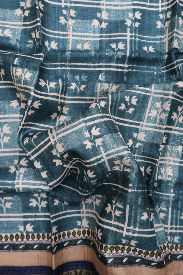 Tussar Silk Saree In Pine Green With Printed Design