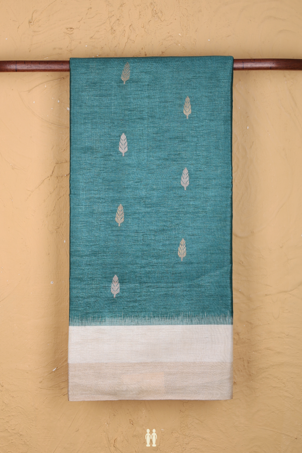 Tussar Silk Saree In Pine Green With Zari Buttas