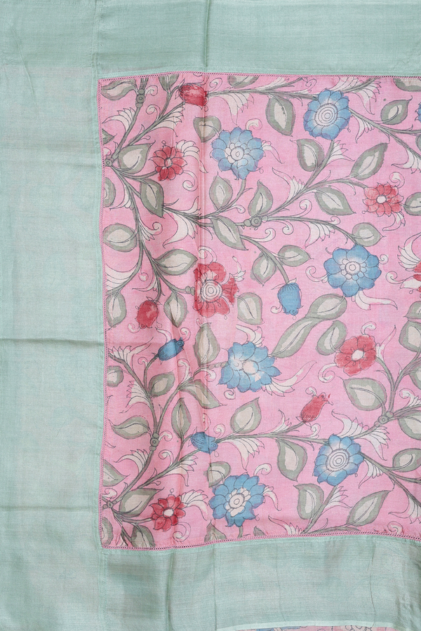 Tussar Silk Saree In Pink With Floral Hand Painted Design
