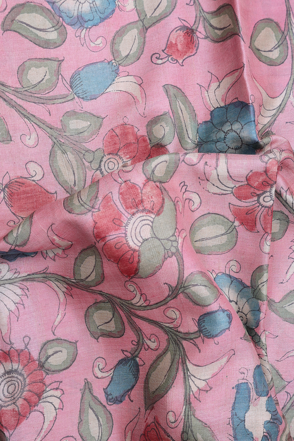 Tussar Silk Saree In Pink With Floral Hand Painted Design