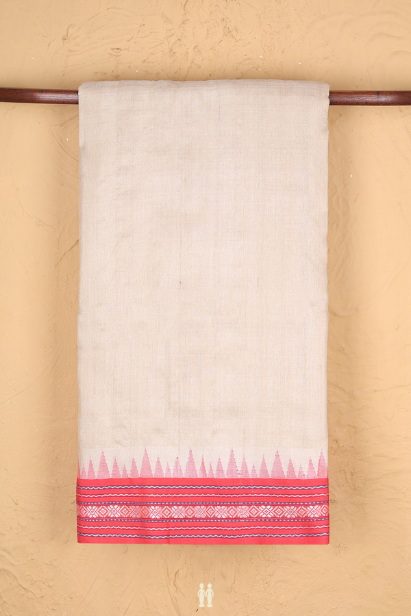Tussar Silk Saree In Plain Beige With Contrast Border