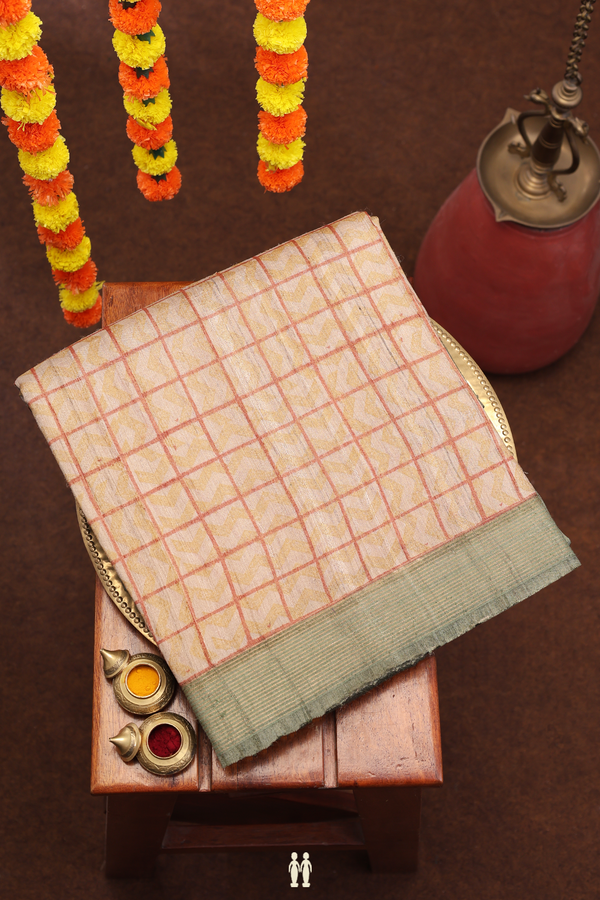 Tussar Silk Saree In Plain Sage Green With Checks Border