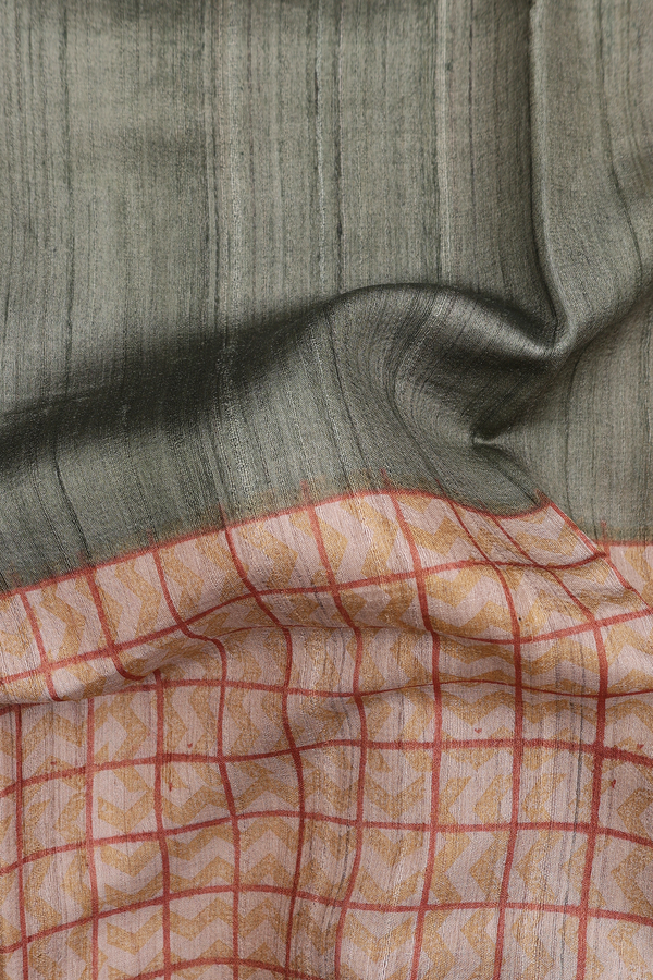 Tussar Silk Saree In Plain Sage Green With Checks Border