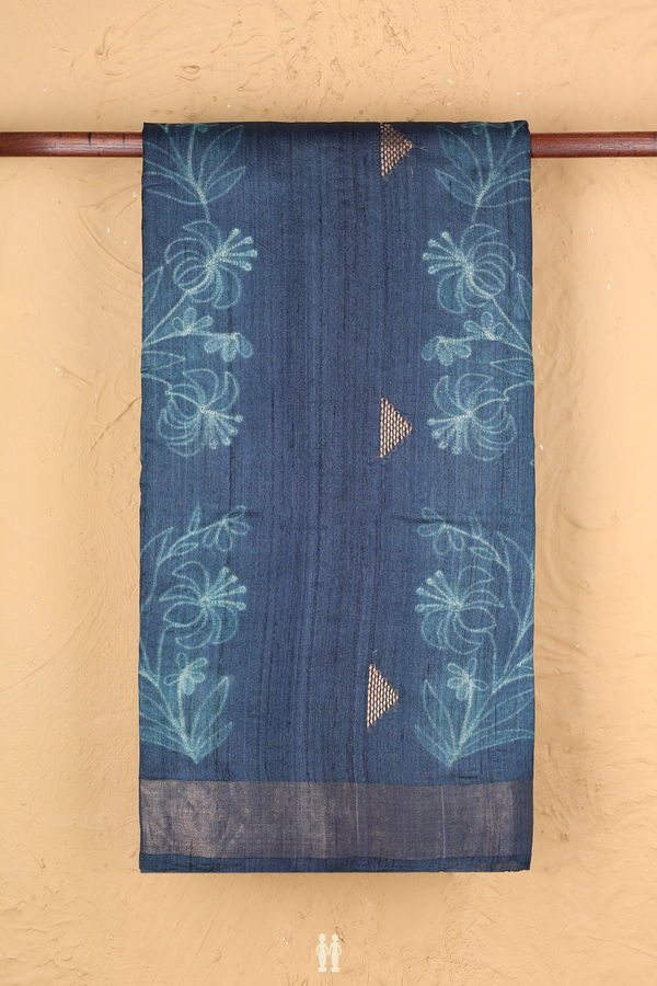 Tussar Silk Saree In Prussian Blue Printed Design