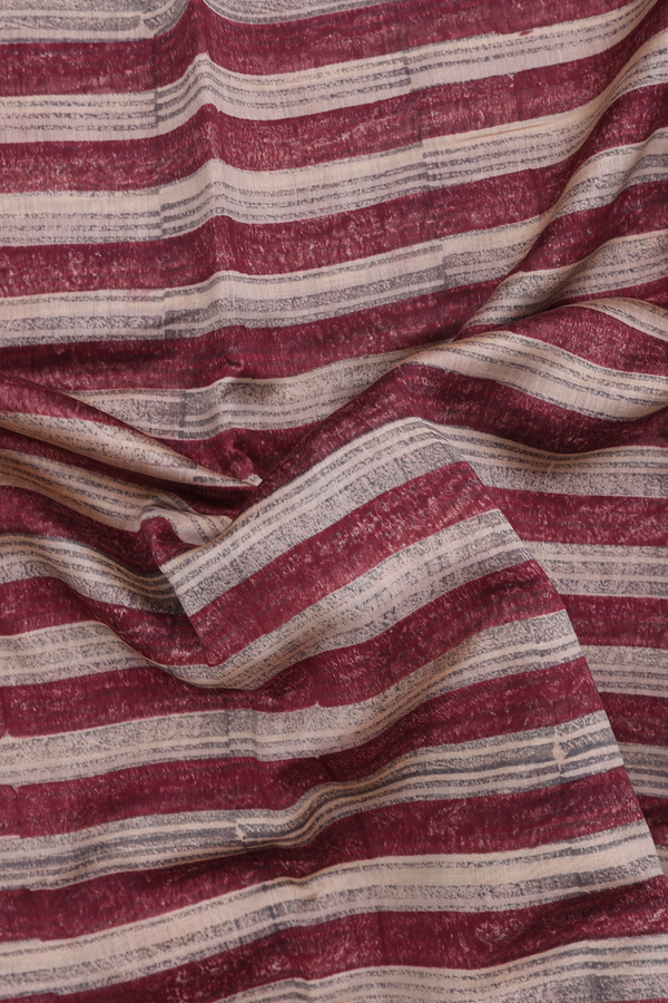 Chanderi Silk Cotton Saree Red And Beige With Stripes Design