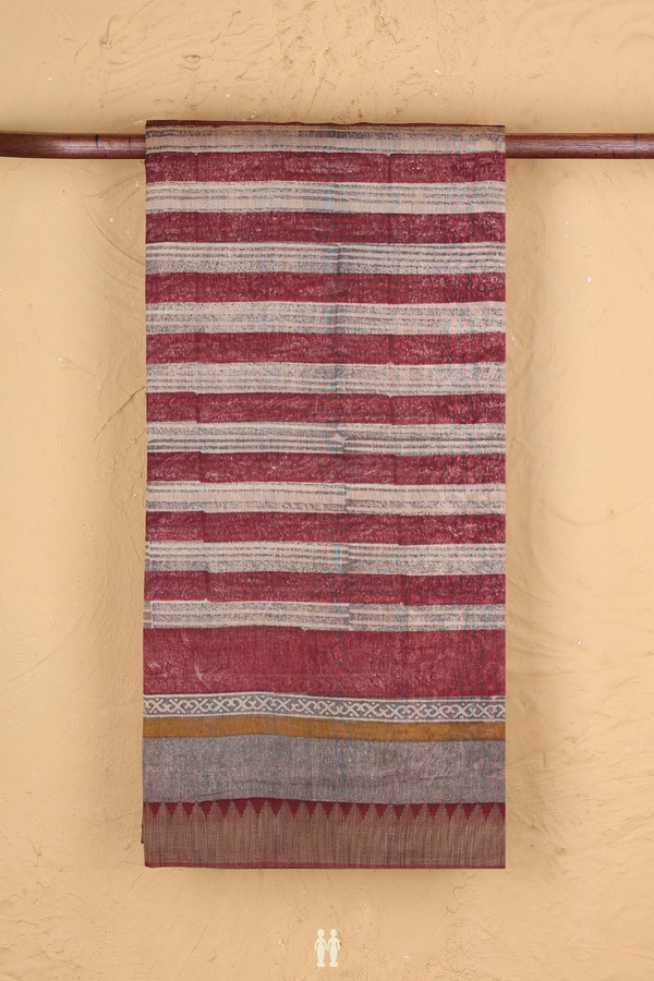 Chanderi Silk Cotton Saree Red And Beige With Stripes Design