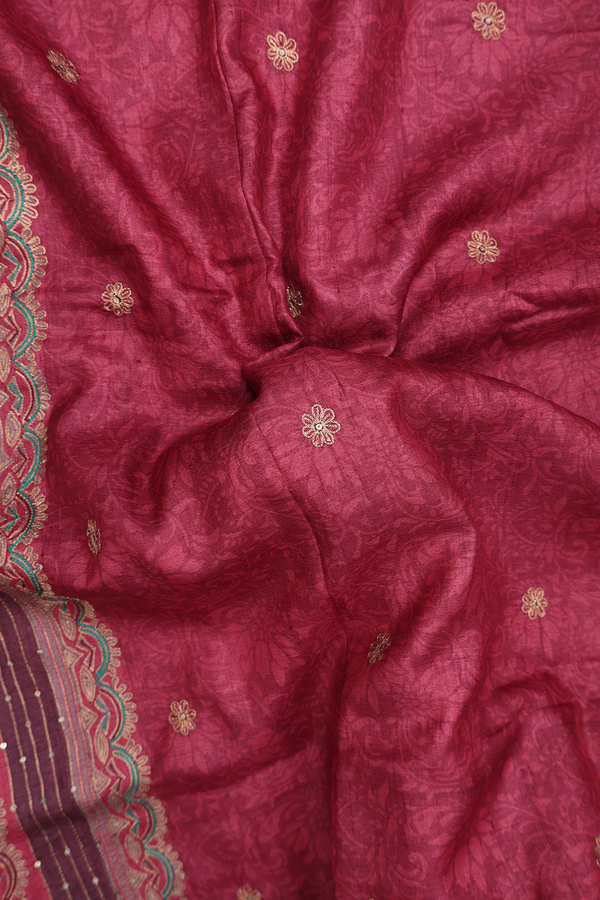 Tussar Silk Saree In Red With Floral Buttas