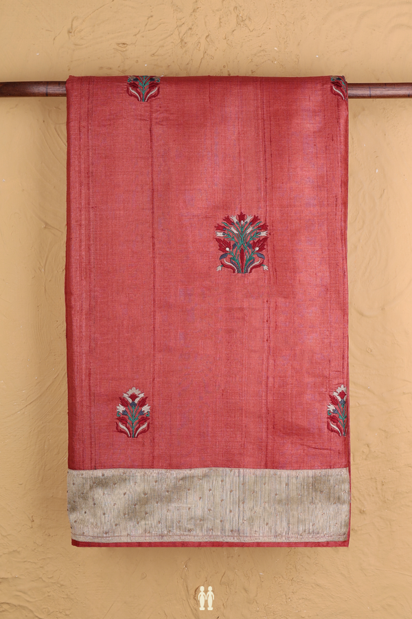 Tussar Silk Saree In Reddish Brown With Floral Buttas