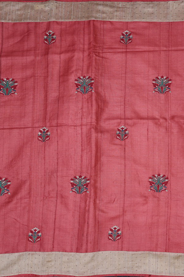Tussar Silk Saree In Reddish Brown With Floral Buttas