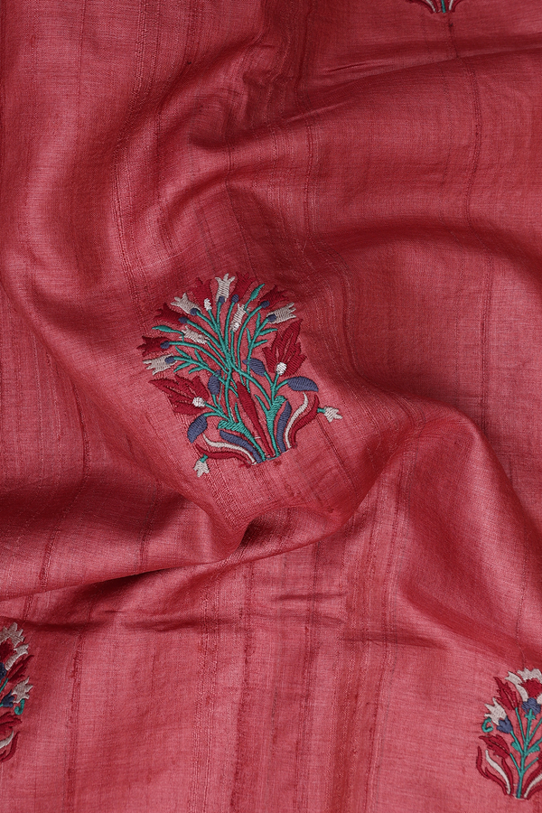 Tussar Silk Saree In Reddish Brown With Floral Buttas