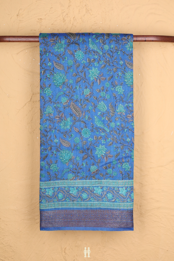 Tussar Silk Saree In Royal Blue With Floral Printed Design