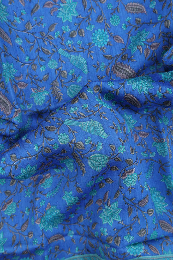 Tussar Silk Saree In Royal Blue With Floral Printed Design