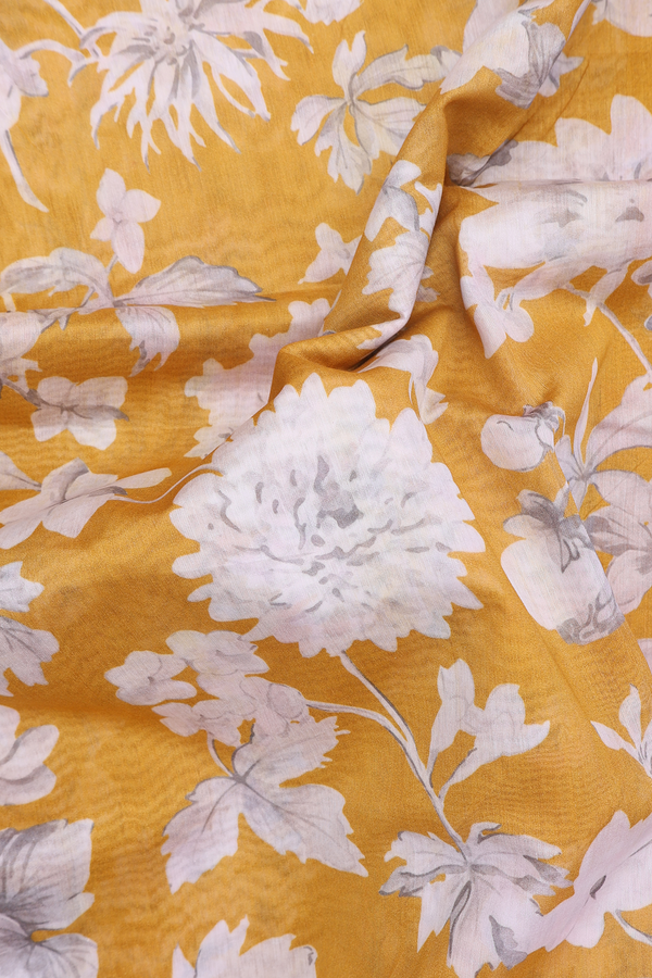 Chanderi Silk Cotton Saree In Mastard Yellow With Floral Design
