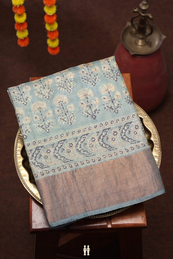 Tussar Silk Saree In Turkish Blue With Floral Printed Design