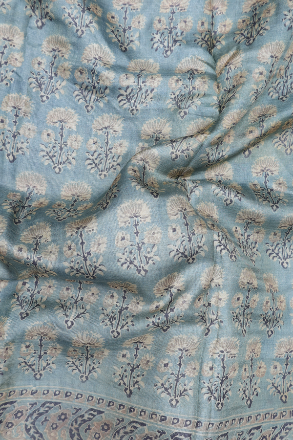 Tussar Silk Saree In Turkish Blue With Floral Printed Design