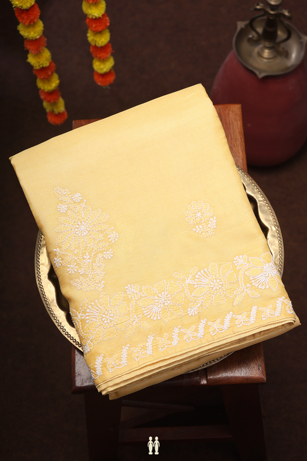 Tussar Silk Saree In Yellow With Embroidered Design