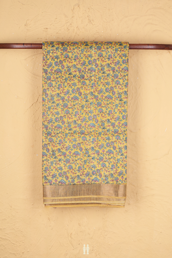 Tussar Silk Saree In Yellow With Floral Design