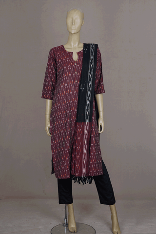 V- Split Neck Allover Design Burgundy Red Cotton Salwar Set