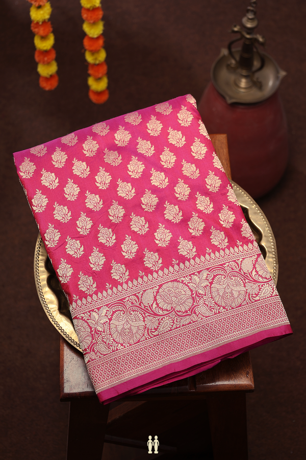 Banarasi Silk Saree In Dark Pink With Floral Buttas