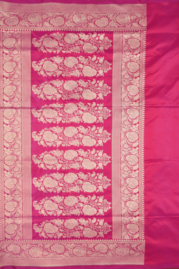 Banarasi Silk Saree In Dark Pink With Floral Buttas