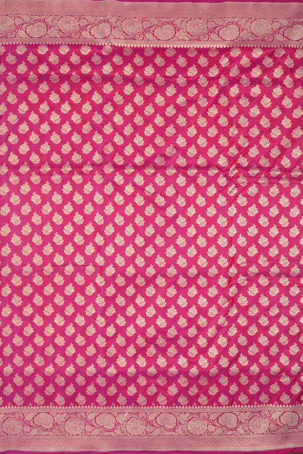 Banarasi Silk Saree In Dark Pink With Floral Buttas