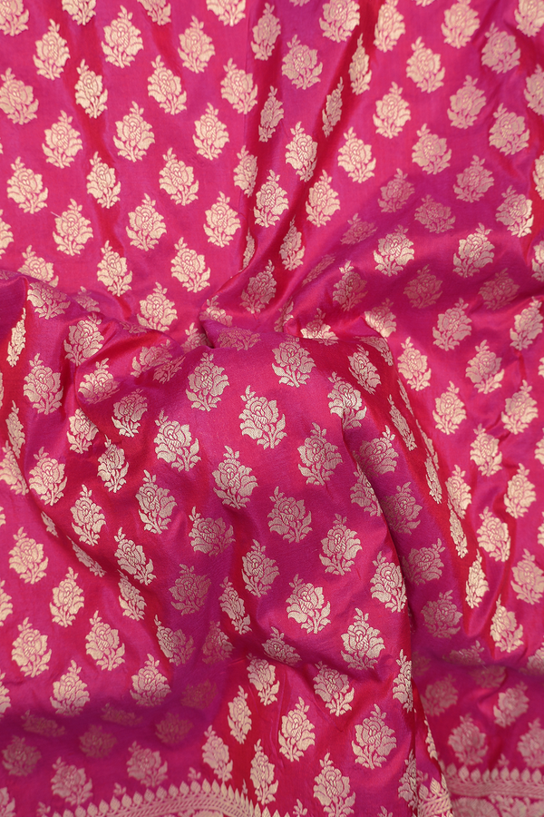 Banarasi Silk Saree In Dark Pink With Floral Buttas