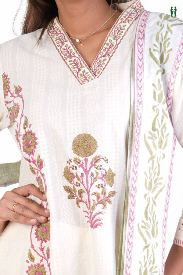 V-Neck Floral Printed White Cotton Salwar Set