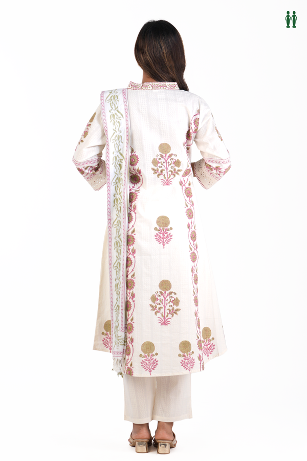 V-Neck Floral Printed White Cotton Salwar Set