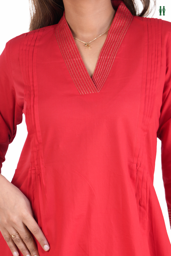 V-Neck Plain Chilli Red Cotton Salwar Set