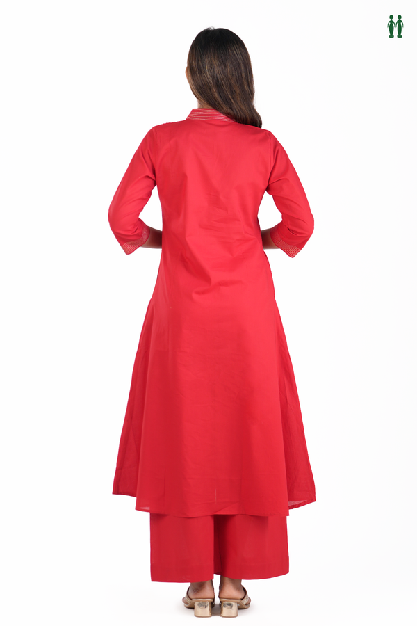 V-Neck Plain Chilli Red Cotton Salwar Set